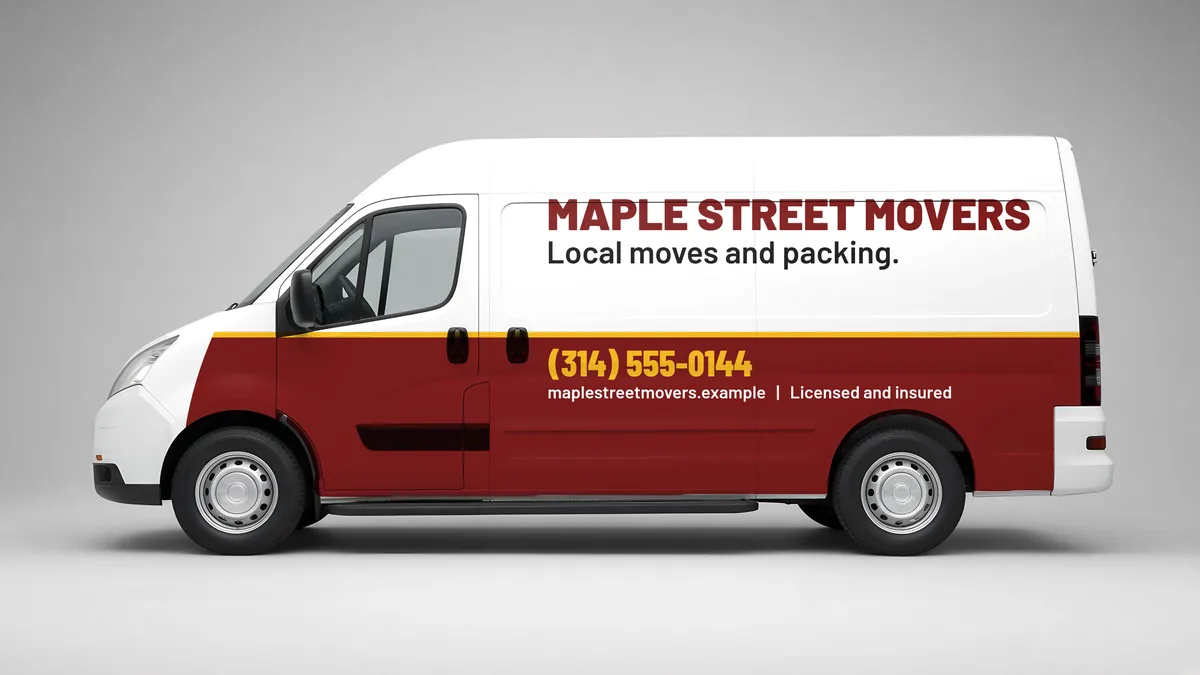 Two-tone cargo van layout for Maple Street Movers, a fictional moving business