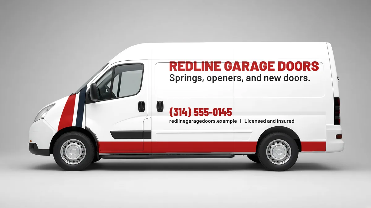 Color block cargo van layout for Redline Garage Doors, a fictional garage door business