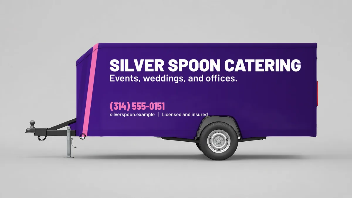 Full color enclosed trailer layout for Silver Spoon Catering, a fictional catering business