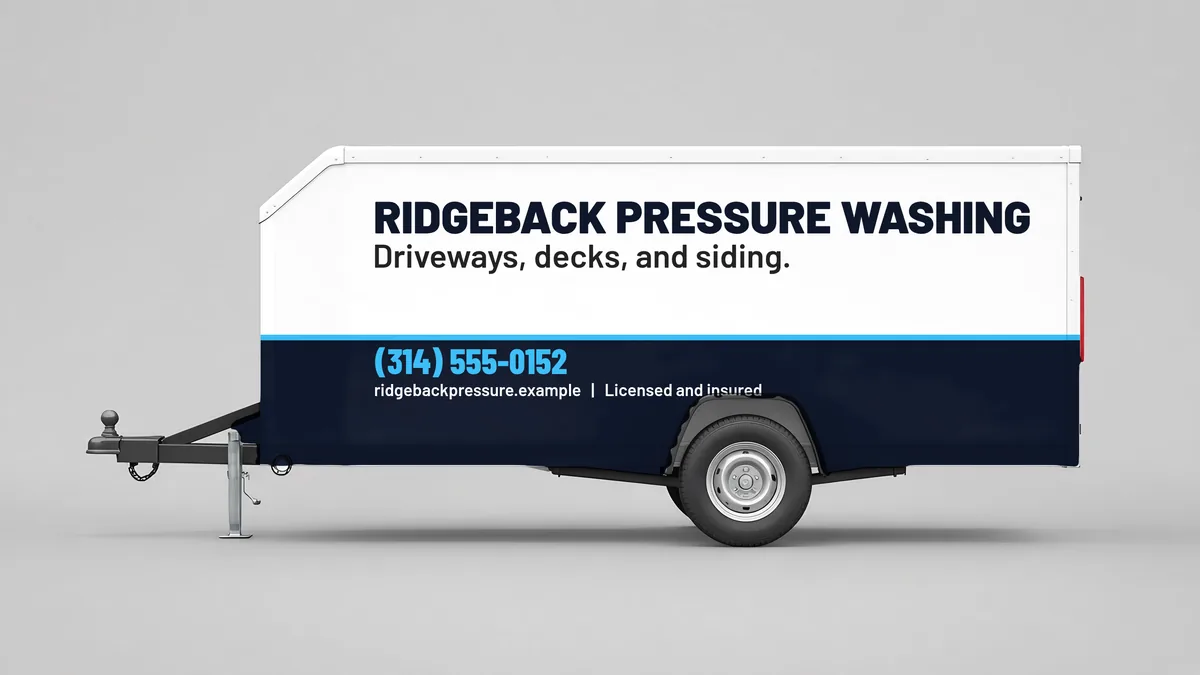 Two-tone enclosed trailer layout for Ridgeback Pressure Washing, a fictional pressure washing business