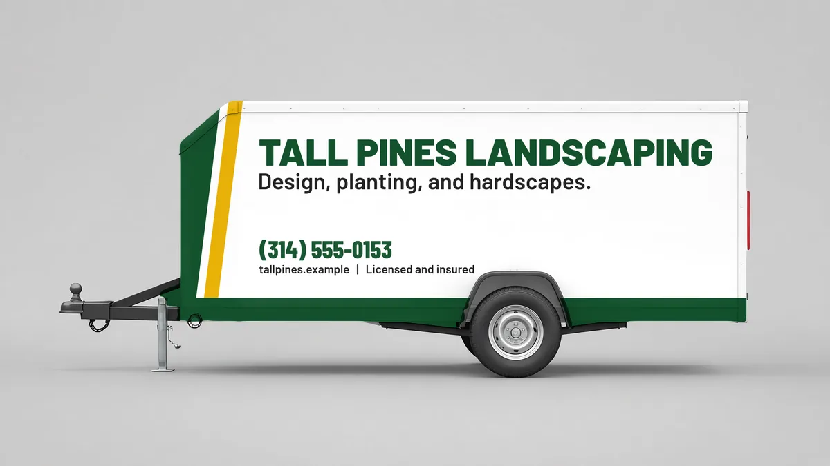 Color block enclosed trailer layout for Tall Pines Landscaping, a fictional landscaping business