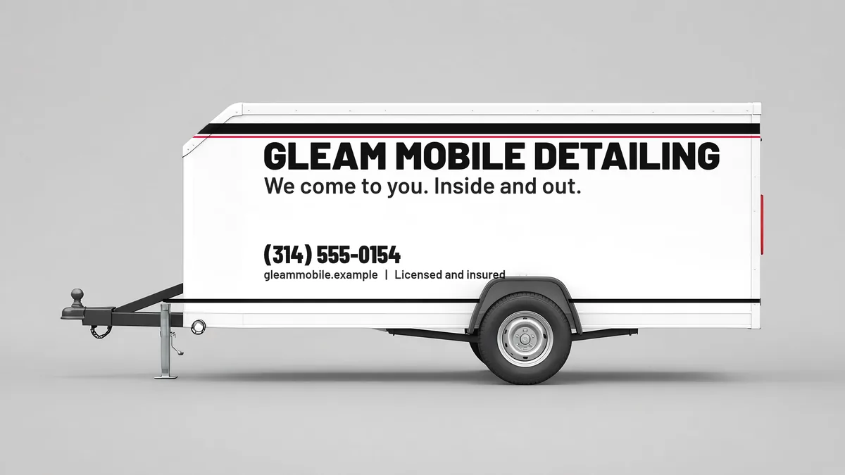 Stripe enclosed trailer layout for Gleam Mobile Detailing, a fictional mobile detailing business