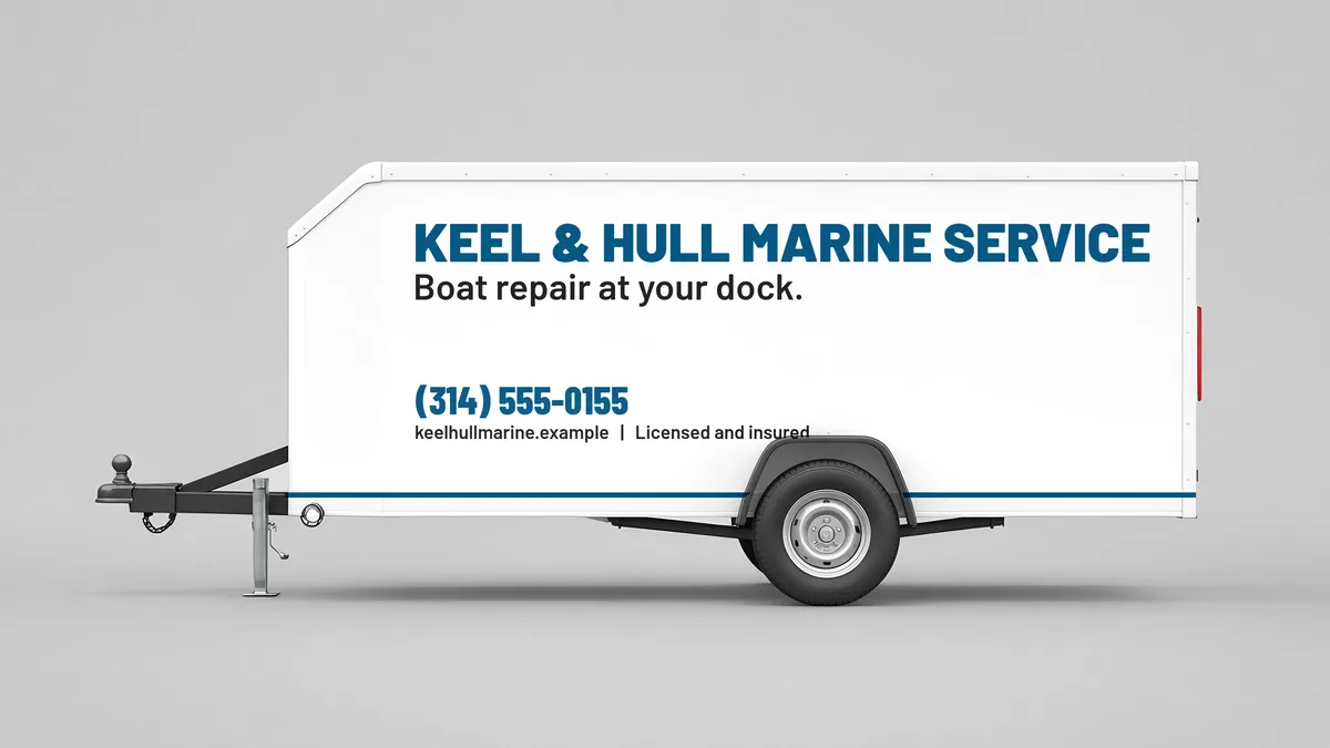 Minimal lettering enclosed trailer layout for Keel & Hull Marine Service, a fictional marine service business